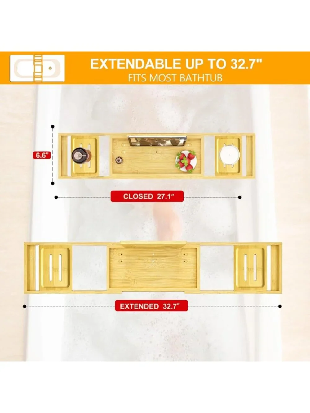 Expandable Bamboo Bathtub Tray - Adjustable Wooden Bath Table for Relaxation